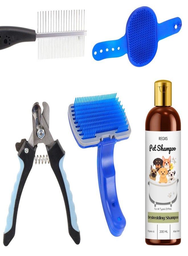 REGIIS Pet Grooming Kit, 5-Piece Set with Deshedding Shampoo, Silicone Brush, Comb, Nail Clipper and Massage Tool, Multicolour, for Dogs - Image 1